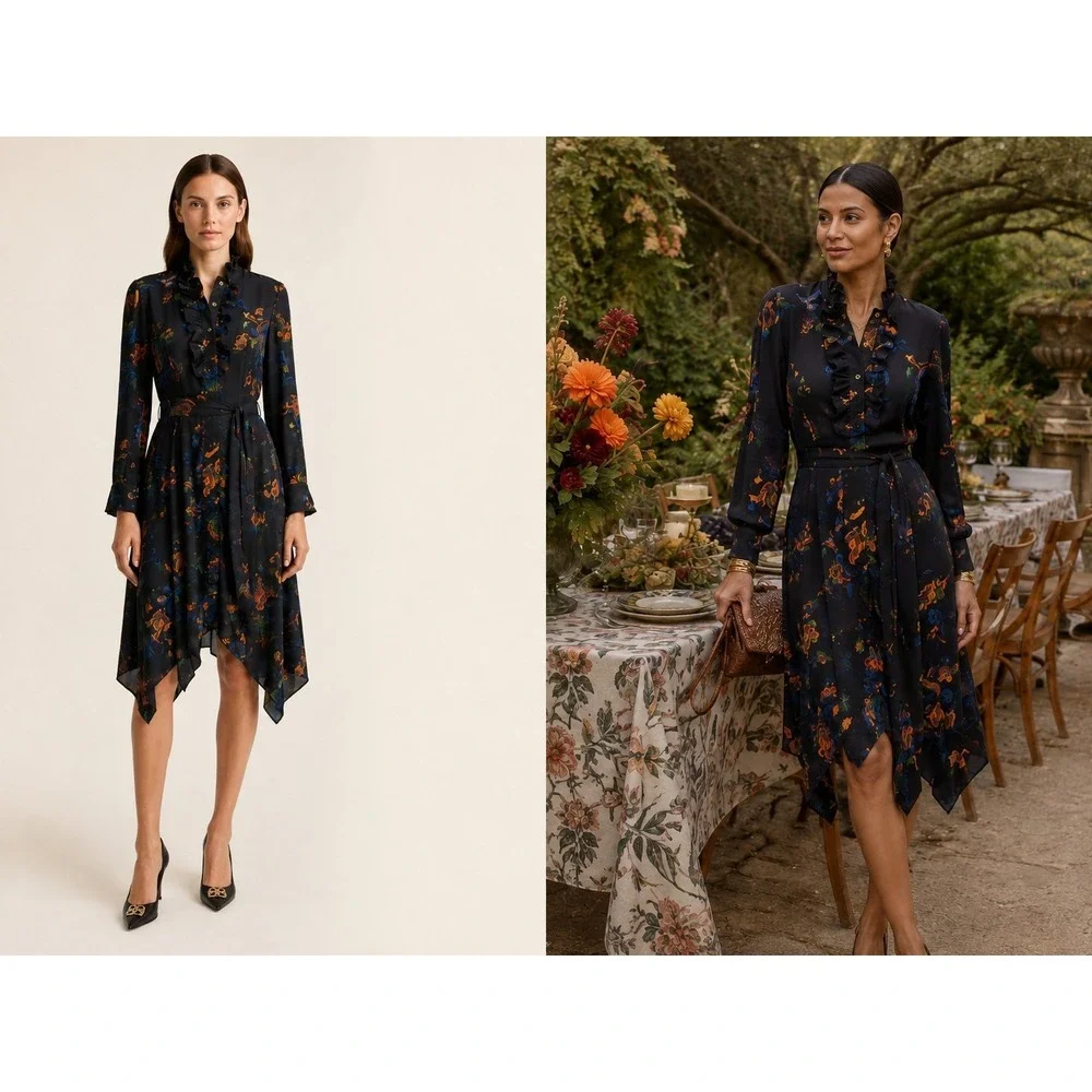 Tory Burch Black Floral Ruffle Handkerchief Hem Midi Shirt Dress 74814 Size 6